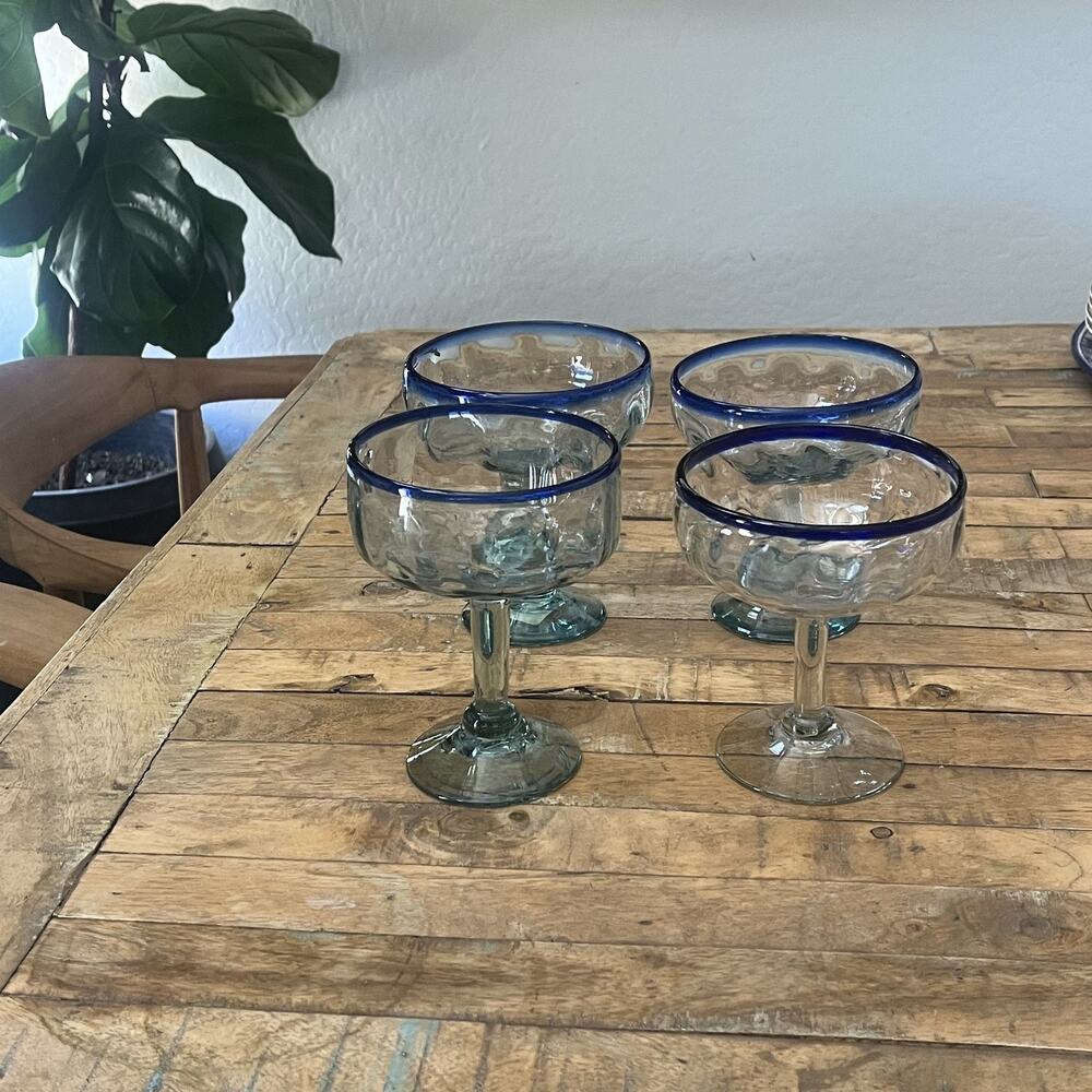 Mexican Hand Blown Textured Martini Glasses 5.5" & 6" Set of 4 Blue Rim